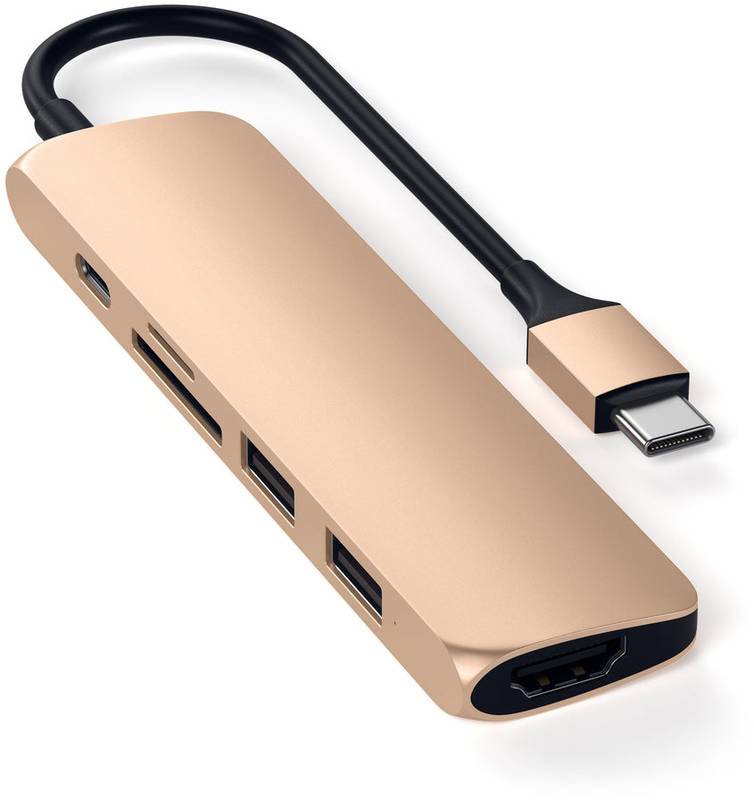 Satechi USB-C Slim Multimedia Adapter V2, 1x HDMI 4K, 2x USB 3.0, 1x microSD, Gold