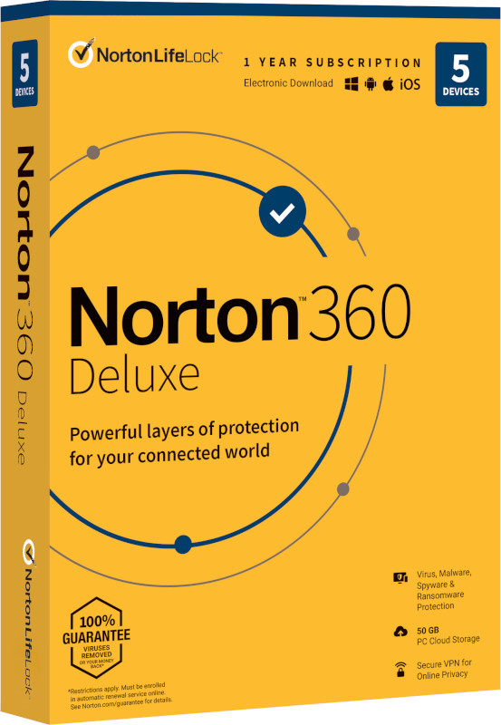 Antivirus Norton 360 Deluxe, Backup 50GB, 1 Utilizator, 5 Dispozitive, 1 An