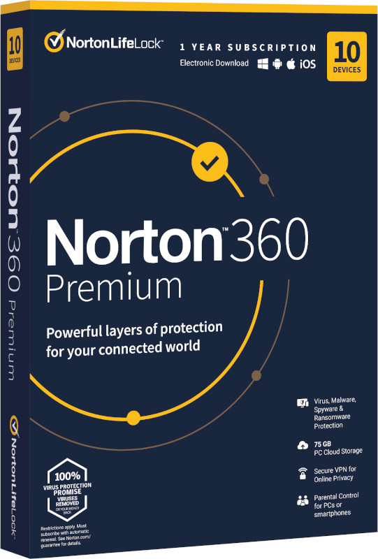 Antivirus Norton 360 Premium, Backup 75GB, 1 Utilizator, 10 Dispozitive, 1 An