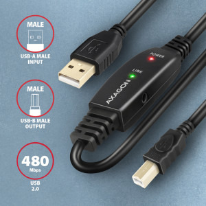 AXAGON USB 2.0 tip A Male - USB 2.0 tip B Male, 15m, negru