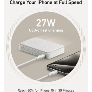Anker MagGo, 10000 mAh, 27W, 1x USB-C, pentru seria iPhone 12/13/14/15, White