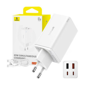 Baseus GaN6 Pro, 2x USB-C, 2x USB, Quick Charge 65W, White + cablu USB-C