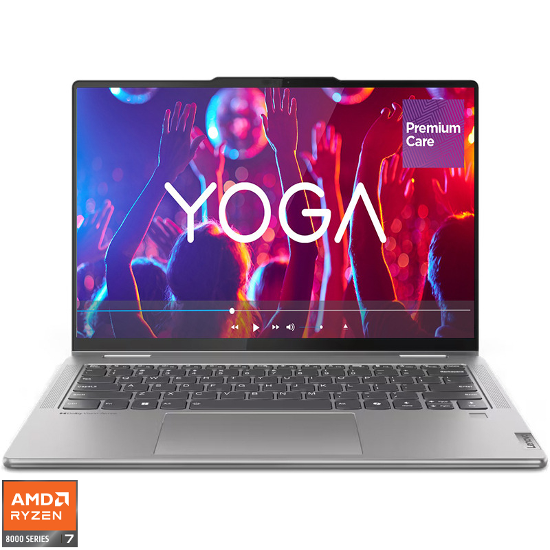 Ultrabook Lenovo 14'' Yoga 7 2-in-1 14AHP9, WUXGA OLED Touch, Procesor AMD Ryzen™ 7 8840HS (16M Cache, up to 5.10 GHz), 16GB DDR5X, 1TB SSD, Radeon 780M, Win 11 Home, Arctic Grey, 3Yr Onsite Premium Care